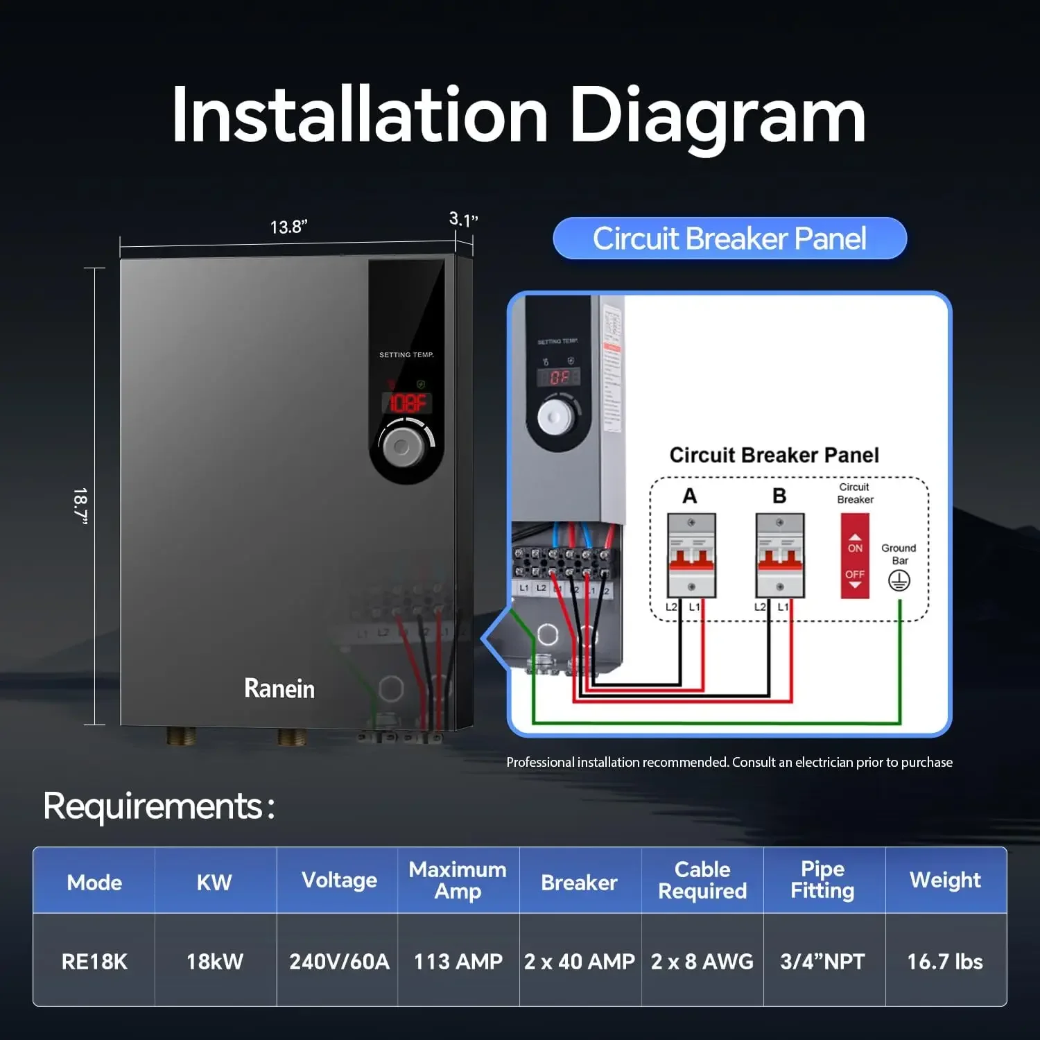 Chauffe-eau instantané sans réservoir, 18kW, 240V, à la demande, sans fin, avec affichage de la température à LED, pour toute la maison et usage résidentiel