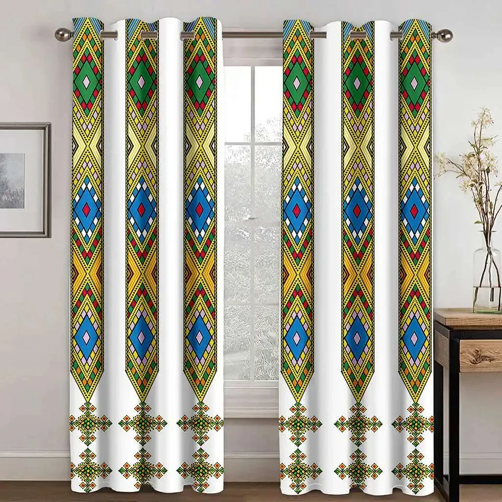 European Ethiopian Traditional Design Shade Curtains 2 Panel Bohemian Style Living Room Bedroom Home Decor Curtains