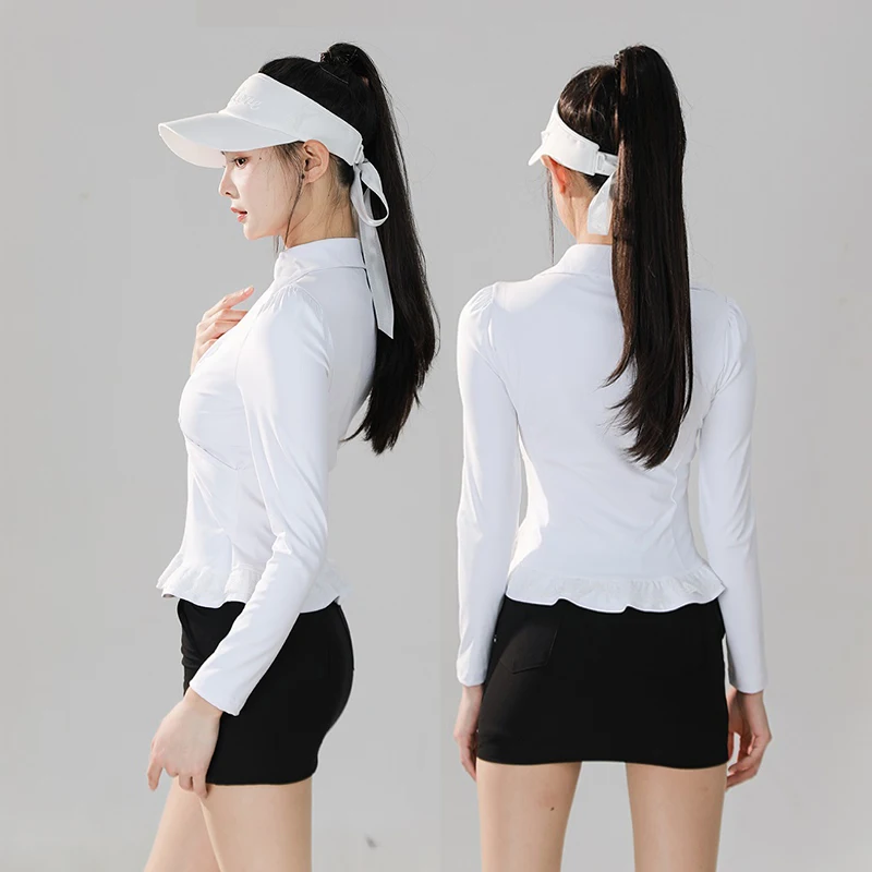 SG Autumn New Golf Women Polo Shirts Lace V-Neck Long-sleeved T-shirt Ruffle Twisted Sports Tops Lady Slim Leisure Golf Clothing
