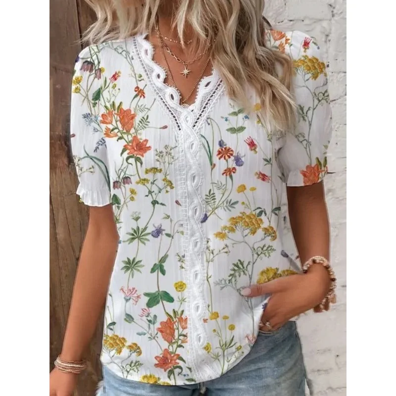 Summer Women\'s Commuting Short Sleeved Shirt Fashionable V-neck Lace Patchwork Printed Shirt Casual Holiday Women\'s Shirt