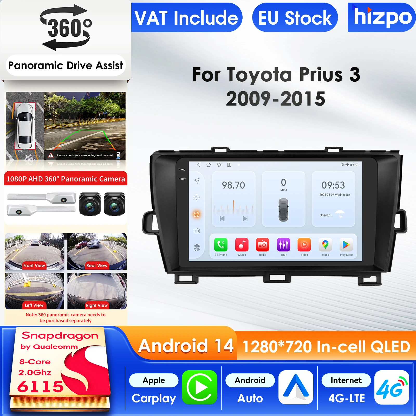 Hizpo 2 Din Autoradio für Toyota Prius XW30 2009-2015 Audio-Multimedia-Player Android Auto GPS Carplay WIFI FM RDS Autoradio AI 9 Zoll Intelligenter Bildschirm QLED-Display Automotive Head Unit