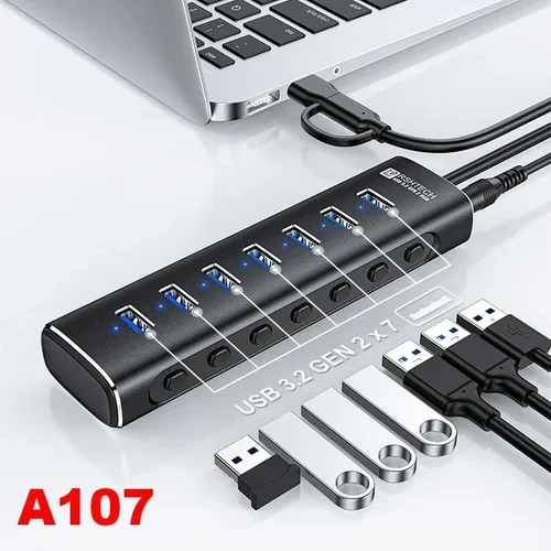 Imagen 2 del producto Adaptador de concentrador USB RSHTECH, expansor multipuerto, transferencia de datos, extensor divisor USB, interruptores de encendido/apagado individuales para PC, portátil, Macbook