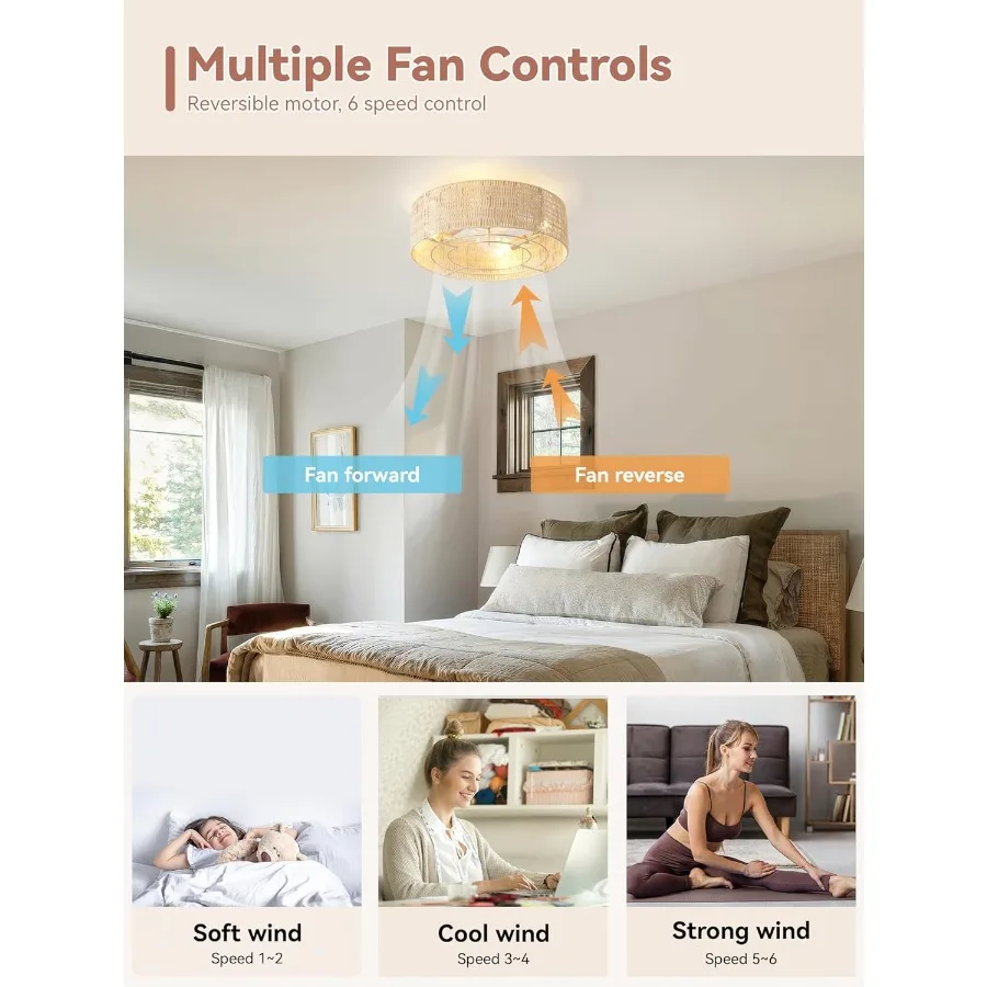مراوح سقف منخفضة المستوى مع أضواء 20 مروحة سقف بوهو راتان مع حامل خفيف وأسطوانة تحكم عن بعد محبوسة بـ 6 سرعات