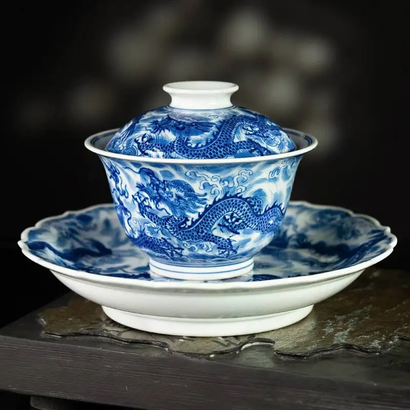 Blue And White Five Dragons Playing With A Pearl Cover Bowl Set