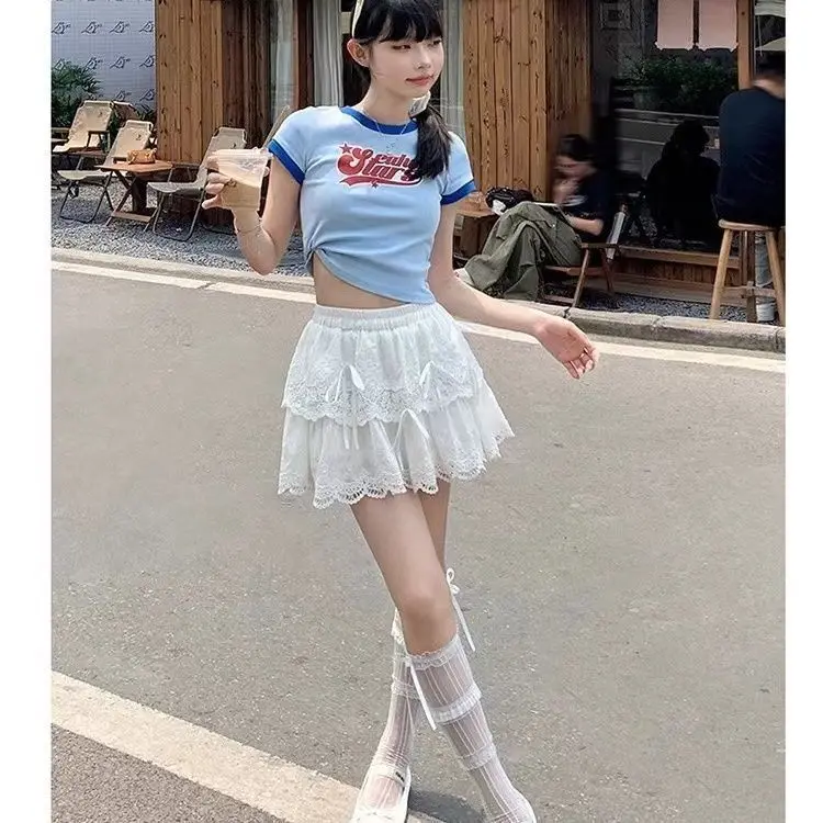 

Белая кружевная юбка А-силуэта с завышенной талией, женская, с милым бантом, балетная, многоярусная, стройнящая, летняя, средней длины