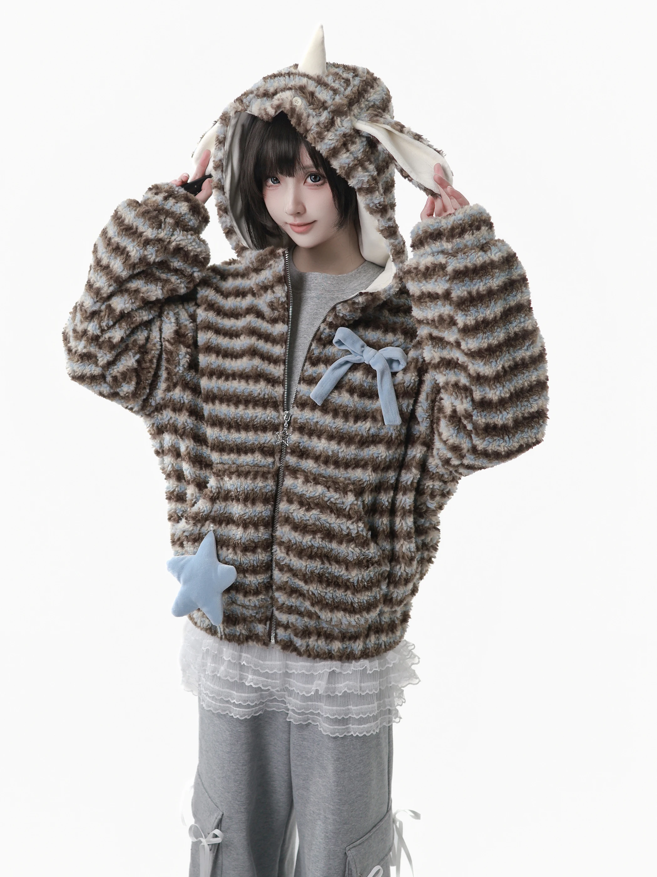 Chaqueta de piel sintética Y2K Original para invierno, estilo universitario, estudiante, dulce y fresco, abrigo de felpa con capucha, pantalones, conjunto superior de manga larga