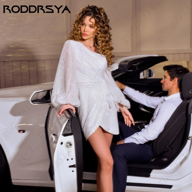 

RODDRSYA Shining Mini Wedding Dress For Women A-line Long Sleeve Bridal Party Elegant One Shoulder Backless Vestido De Noiva