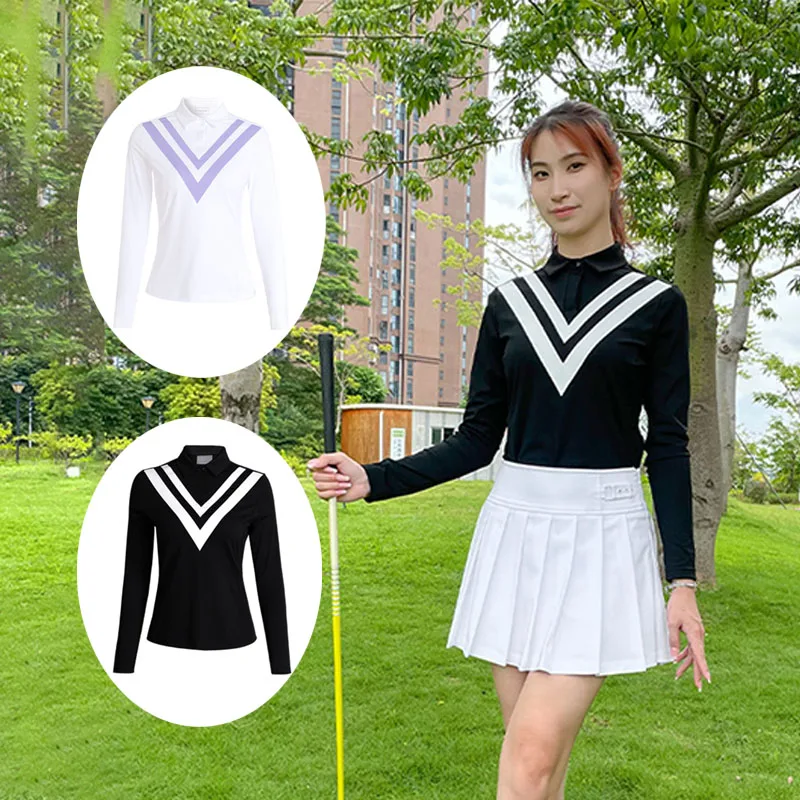 Love Golf Ladies Stretch Striped Golf Blouse Female Turn-down Collar Casual Shirts Autumn Full Sleeve Outdoor Training Tops