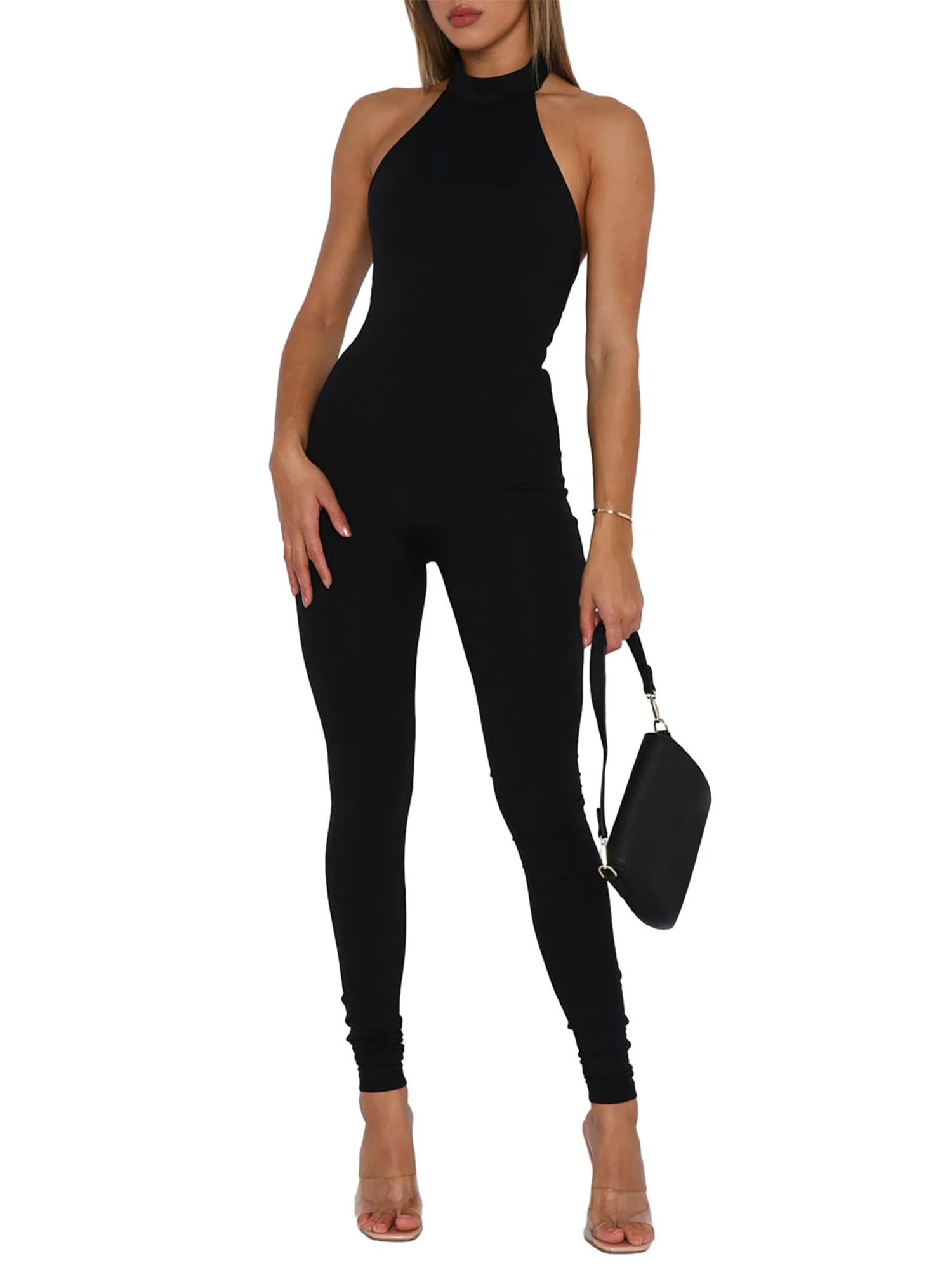 

Women s Sexy Bodycon Jumpsuit Halter Sleeveless Backless Plain Stretchy Fitted Romper Bodysuit