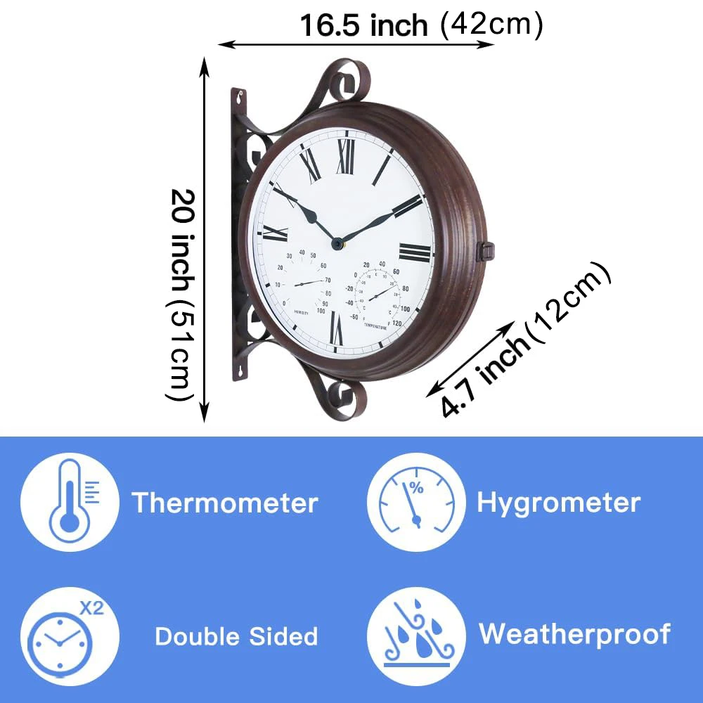 Double-Sided Outdoor Quartz Wall Clock with Temperature Humidity Gauge Metal Rustic Design for Home Garden Decor