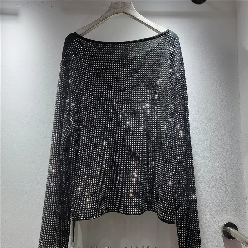 HKSH Spring Autumn New Women's T-shirt Round Collar Long Sleeves Studded Diamonds Versatile Punk Dark Tee Streetwear Top HK16003