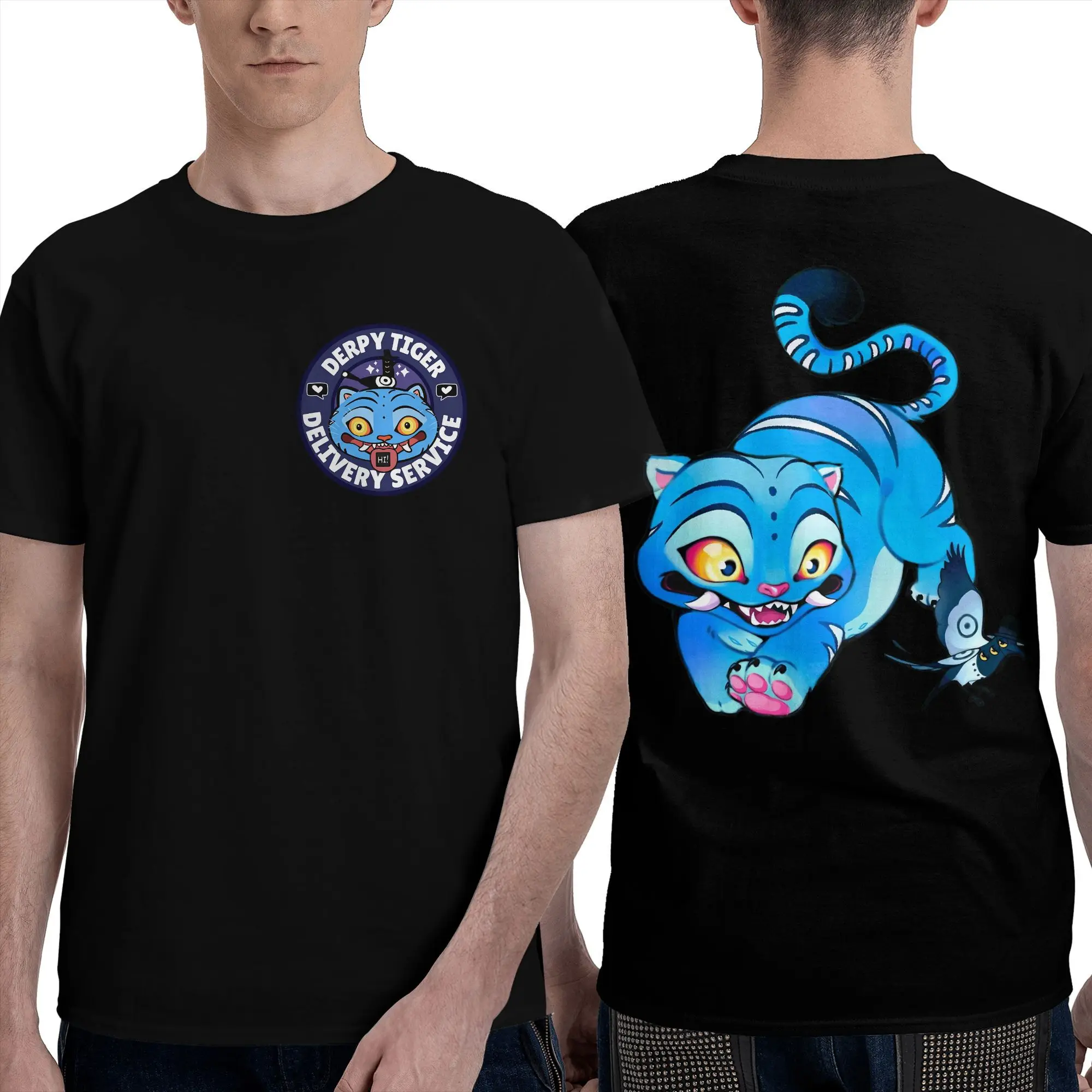 Camiseta azul y negra Derpy Tiger With Little Friend, camisetas de tendencia de cazadores de demonios Kpop, camisetas Vintage de algodón de gran tamaño para verano