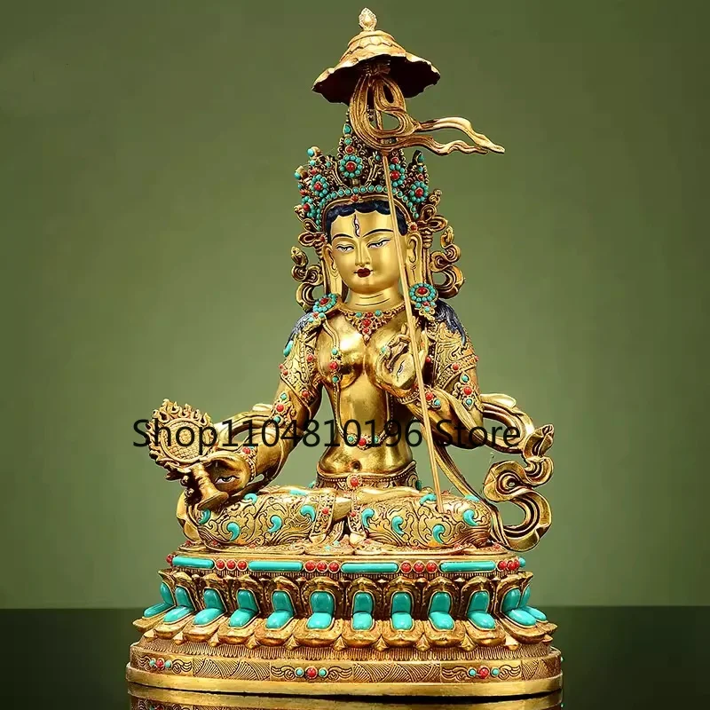 Antique copper gilded craftsmanship inlaid colorful beads large white umbrella cover Buddha mother home Tibetan style ornament