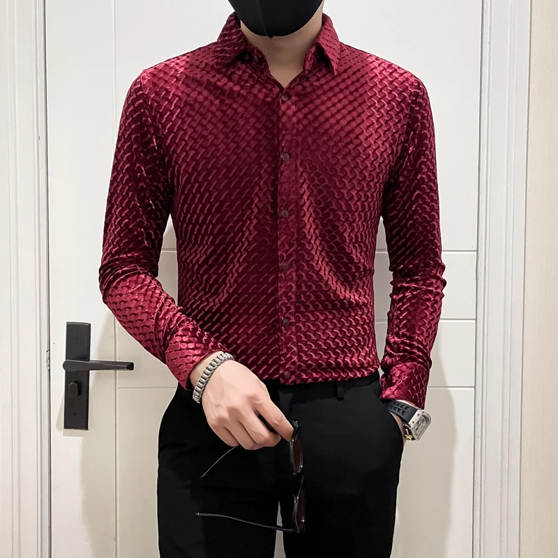 

High Quality Velvet Plaid Embossed Men Shirts Autumn Winter Slim Fit Camisa Social Masculinas Fashion Korean Prom Mens Shirts