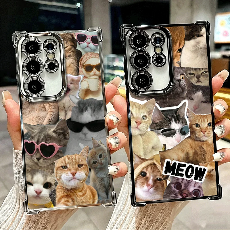 Crying Cats Combine Memes Plating Phone Case For Samsung Galaxy S26 S25 Edge S24 S23 Ultra S22 S21 Plus S20 FE Anti-Fall Protect