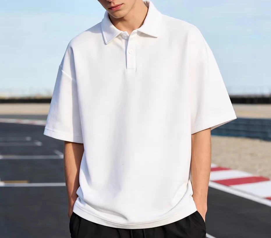 Summer New 290g Heavy Lapel Polo Shirt Simple Split Shoulder Loose Short Sleeves