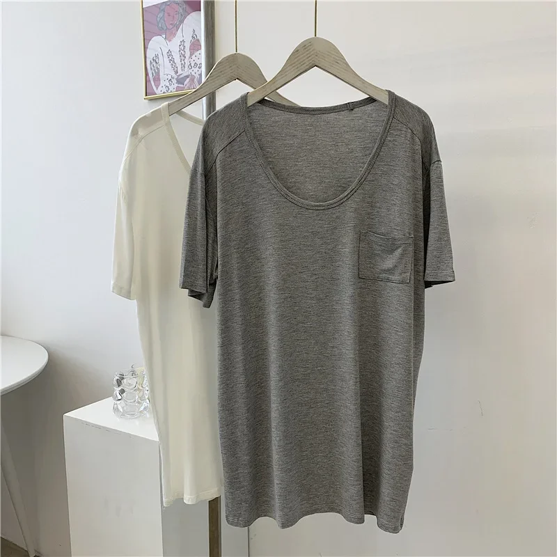 Round Necked T-shirt for Women Thin and Draping Solid Color Slimming and Versatile Medium Length Top for Women