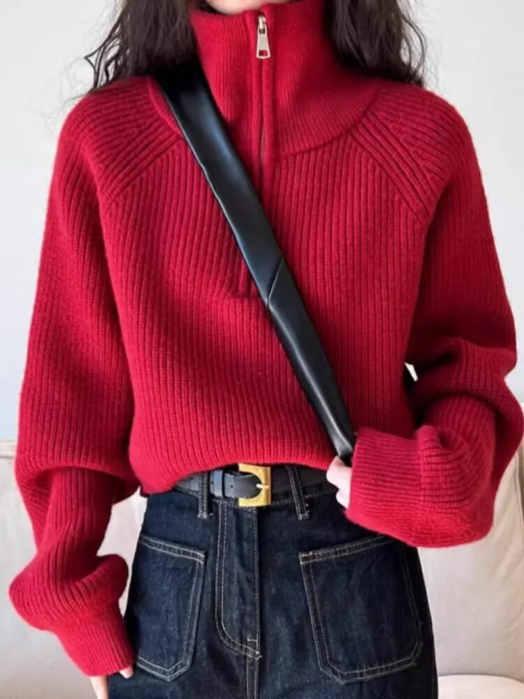 All-match Simple High Quality Zipper Wool Tops Sweater Female Autumn Winter Woman Pullover Half-turtleneck Sweet Blouse Thicken