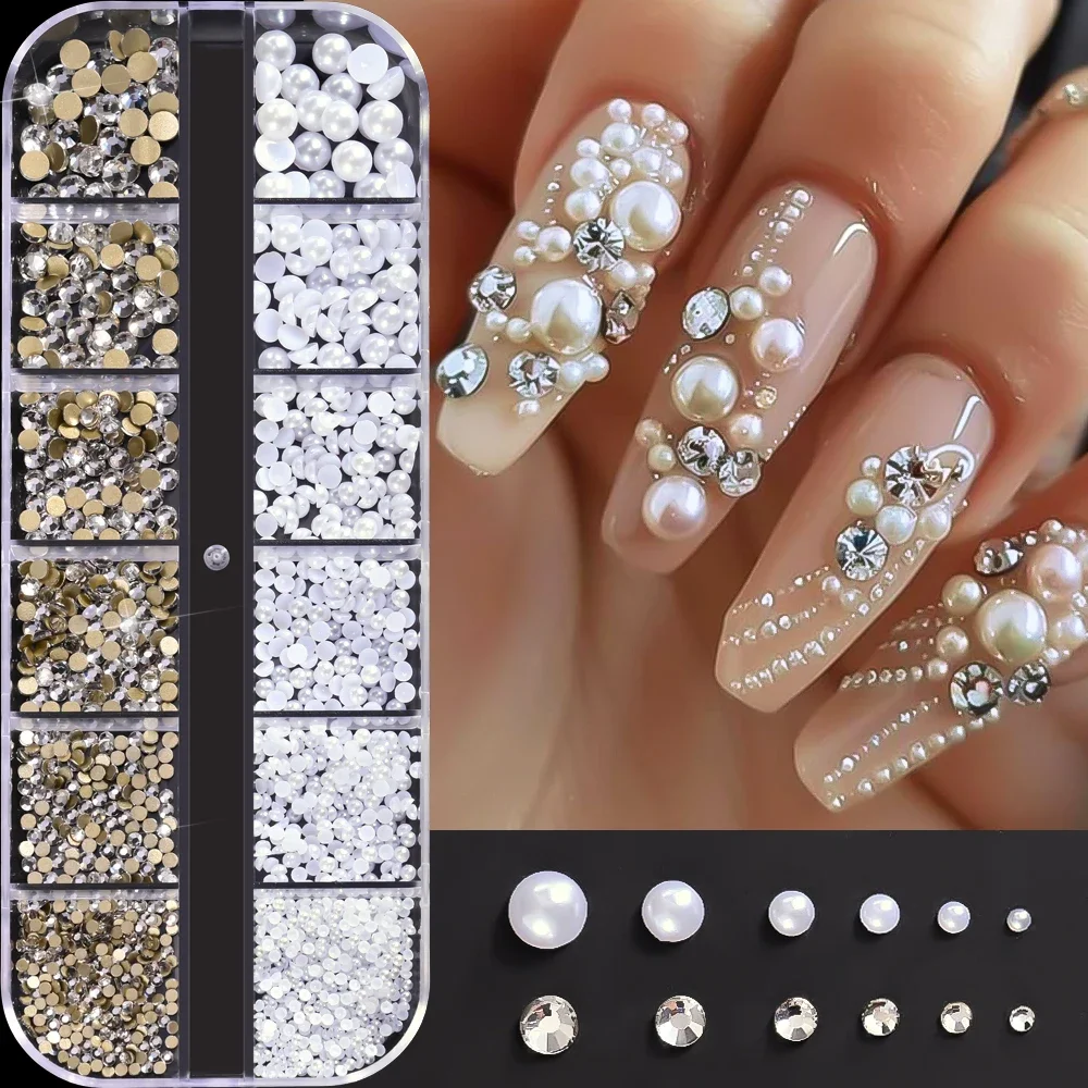 12 Grids Mixed White Pearls Clear Rhinestone for Nail Art Decoration 1.5-4mm Multi Size Half Round Pearls Manicure Accessories