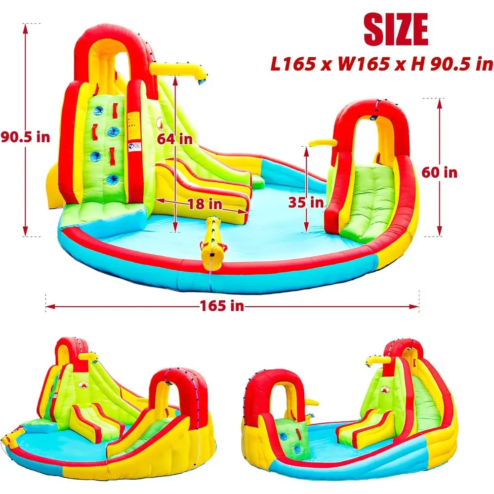สวนน้ำเป่าลมพร้อมเครื่องเป่าลม, ปราสาทลมพร้อมสไลเดอร์ 2 ช่อง, ผนังปีนป่าย, ปืนฉีดน้ำ, เก้าอี้พักผ่อน และห่วงบาสเกตบอล, ขนาด 165 x 165 x 90.5