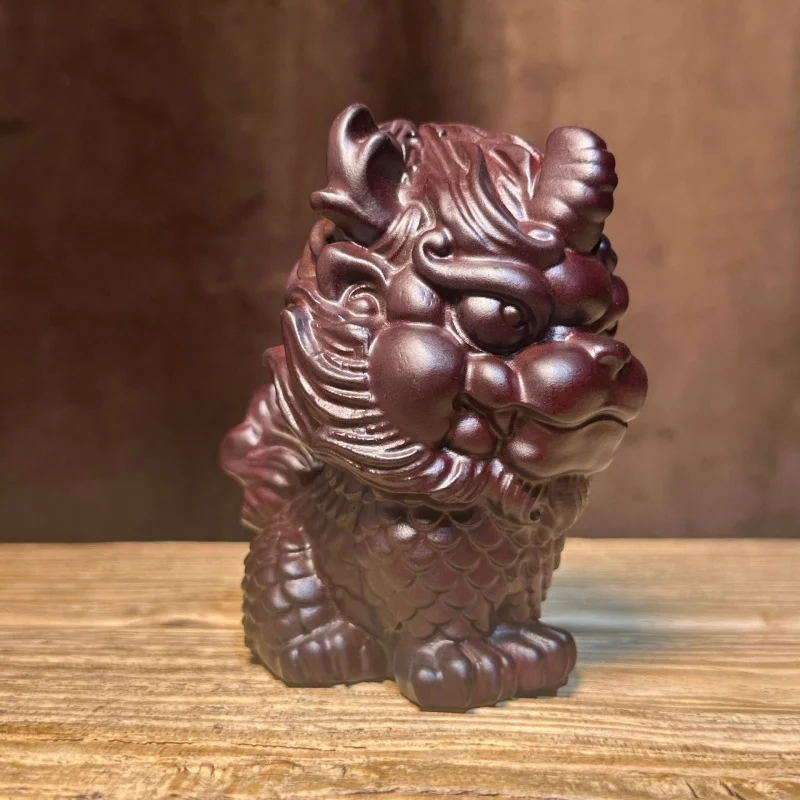 Ebony Carved Auspicious Beast Qilin Car Ornament Office Desk Decoration Solid Wood Craft Figurine Gift