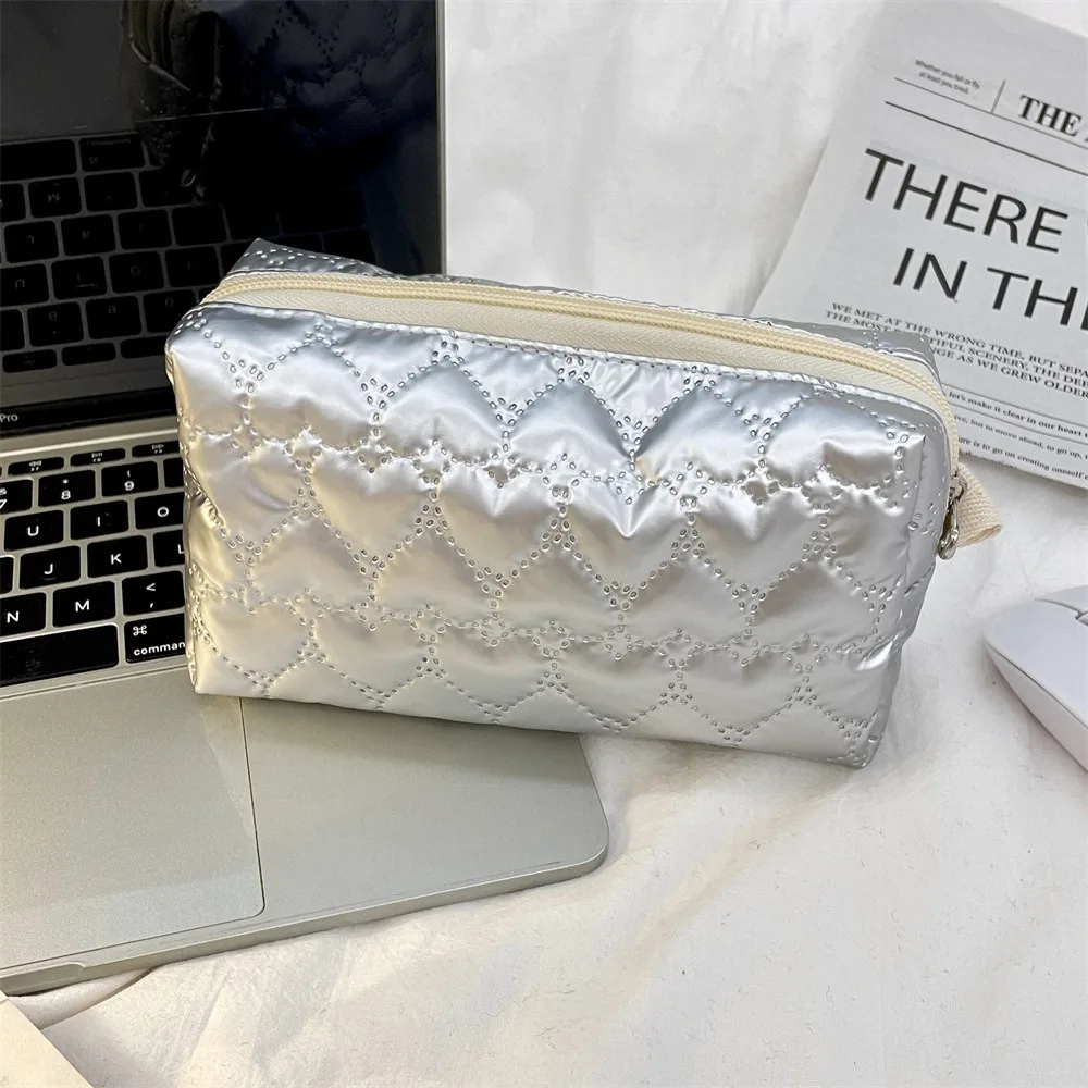 

Sweet Love Rhombus Shape Silver Cosmetic Bag Bow PU Small Item Bag Storage Cloth Bag Large Capacity Stationery Bag Outdoor