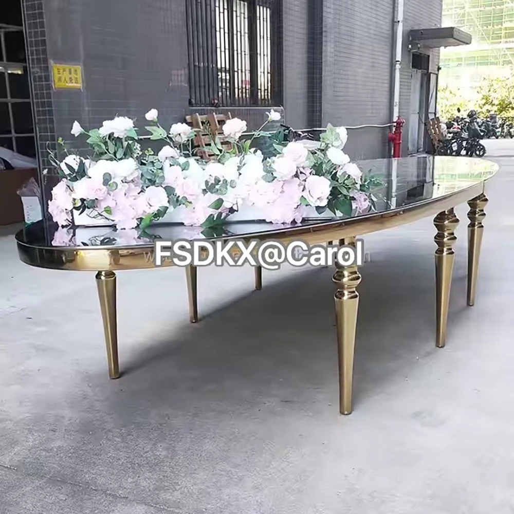 

High Quality Luxury Oval Stainless Steel Gold Leg Glass Table Dining Table Set Deco For Wedding Used