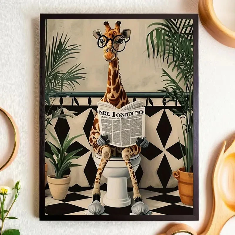 Giraffe Reading Newspaper Wall Art Prints Canvas Painting Poster Picture For Living Dining Play Room Home Decor