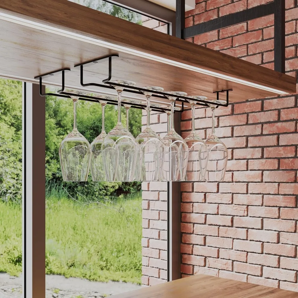 ชุดที่แขวนแก้วไวน์ใต้ตู้ 2 ชิ้น สีดำ ทำจากเหล็ก ขนาด 17 นิ้ว สำหรับจัดเก็บและตกแต่งห้องครัว