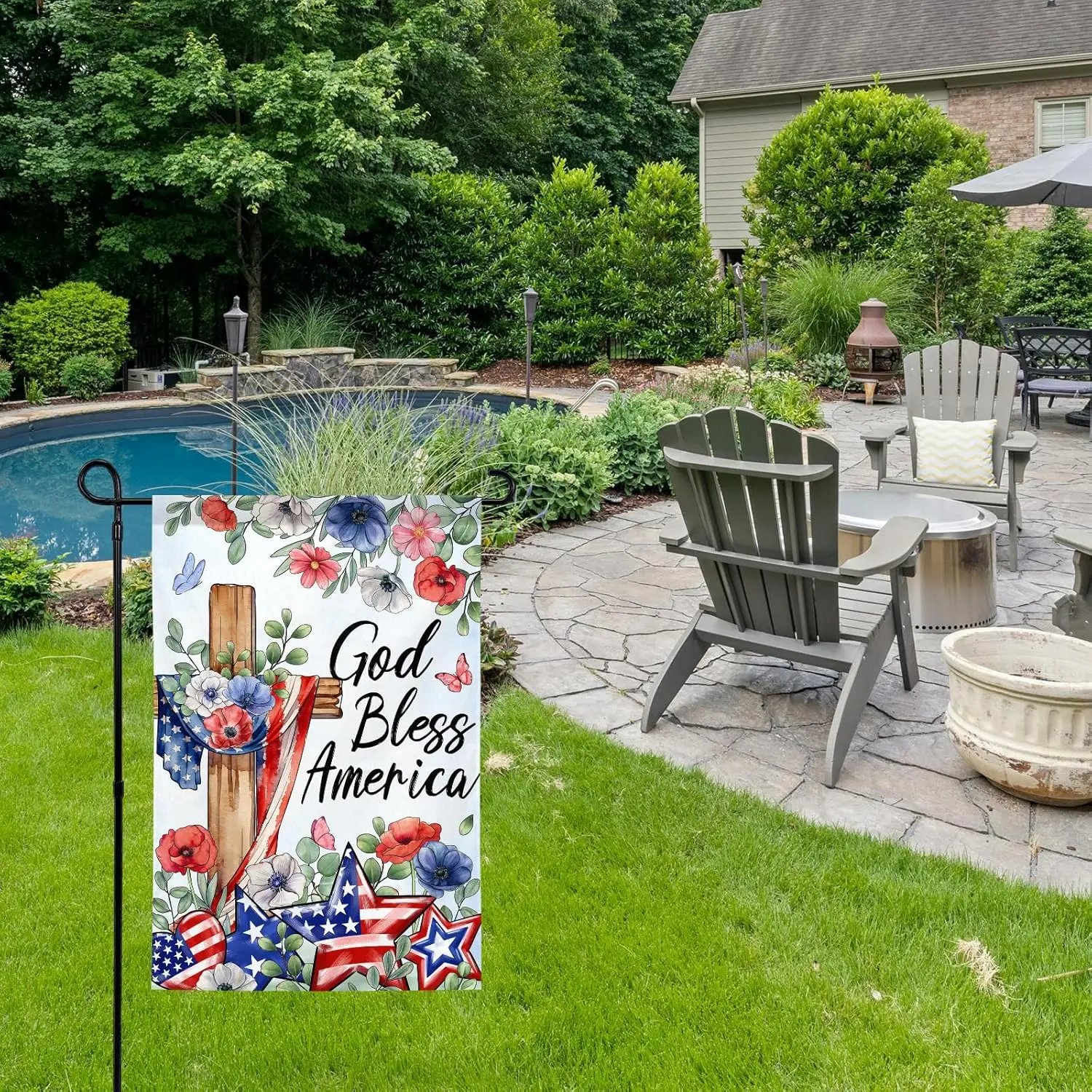 God Bless America Memorial Day Independence Day Garden Flag 12x18 Inch Double Sided Christian Cross Floral Tribute Patriotic jjp