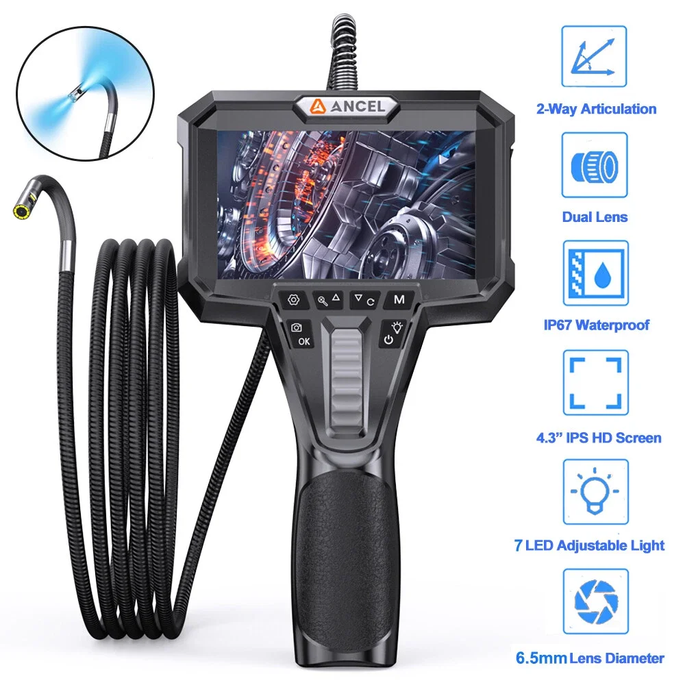 

ANCEL AN302 Two-Way Articulating Borescope IP67 6.5MM Dual Lens Endoscope Inspection Camera 7 LED Lights Car Inspection Tools