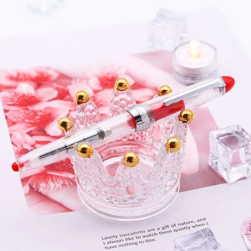 SUIYAO Transparent Resin Fountain Pen Silver F 0.5mm Nib Simple Classic Student White Collar Writing Practice Ink Pen Stationery