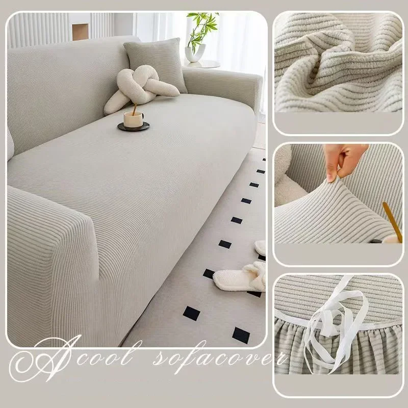 Hoge elasticiteit Polar Fleece bankhoes Vier seizoenen dunne streep All-inclusive fauteuilbeschermer Stevige bankhoezen voor de woonkamer