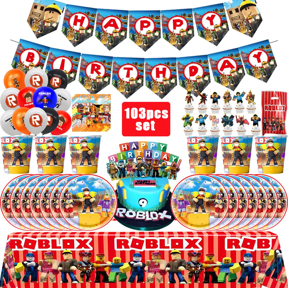 Roblox Birthday Party Decor Set Game Tableware Gift Bag Tablecloth Balloon Cake Topper Backdrop Baby Showe Roblox Party Supplies