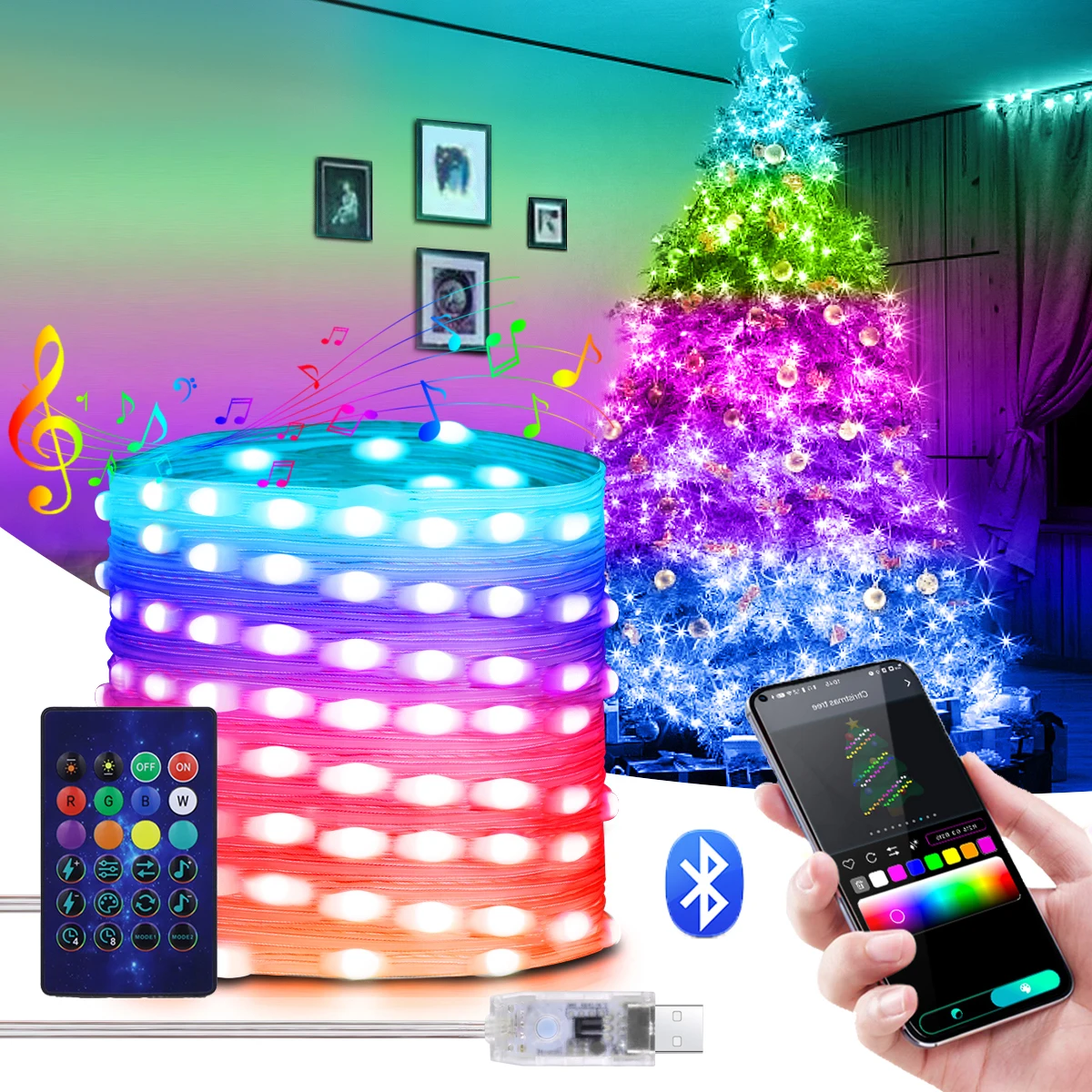

RGB USB Christmas Lights String - Dream Color LED Strip Chain Bluetooth Smart Fairy Garland for Birthday Party Home Decor