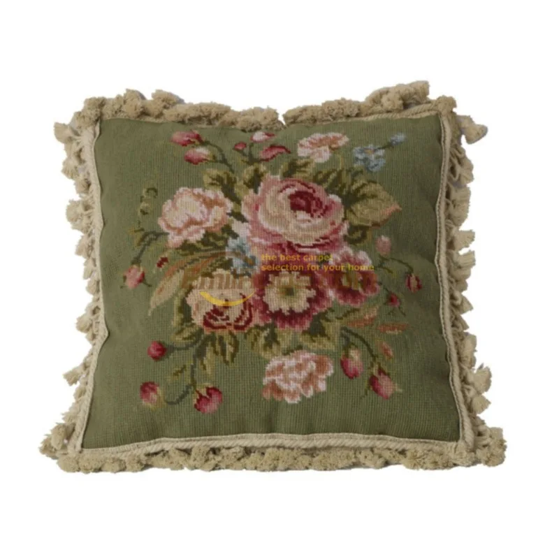 green handmade stitches cushions European  woven needlepoint cross embroidery Victorian style court victorian pillow