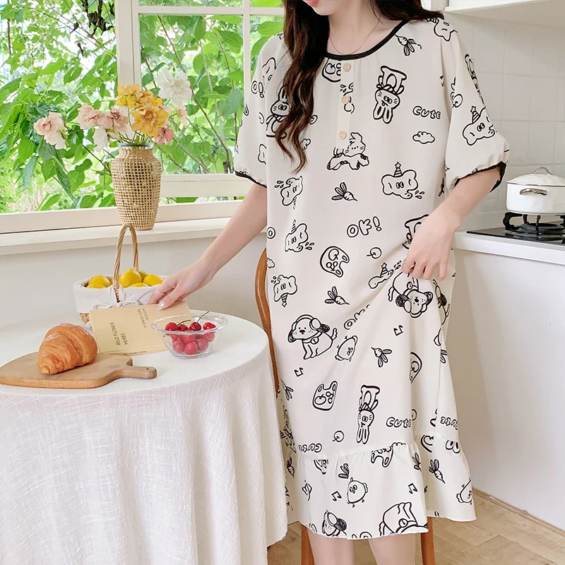 

Cute rabbit print pure cotton nightdress summer sweet can wear short-sleeved long skirt pajamas women's loungewear