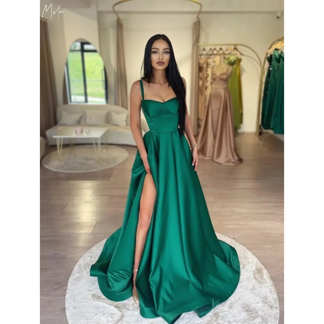 

Mila Emerald Green Spaghetti Strap Prom Dresses Satin Sweetheart Neck High Slit A Line Floor Length Customized Formal Evening
