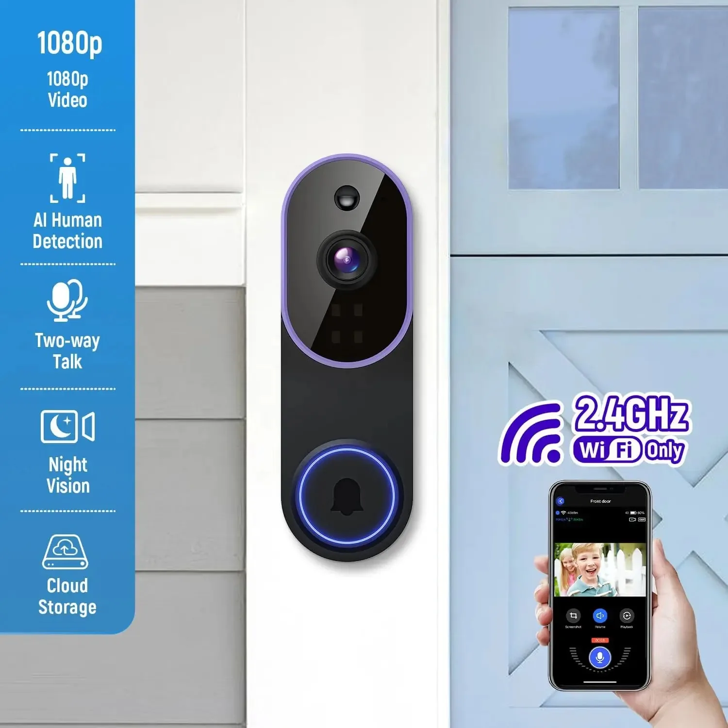 Smart Wireless Video Doorbell Camera with AI Detection, Night Vision, Cloud Storage, Battery Powered for Indoor Outdoor Use 2026