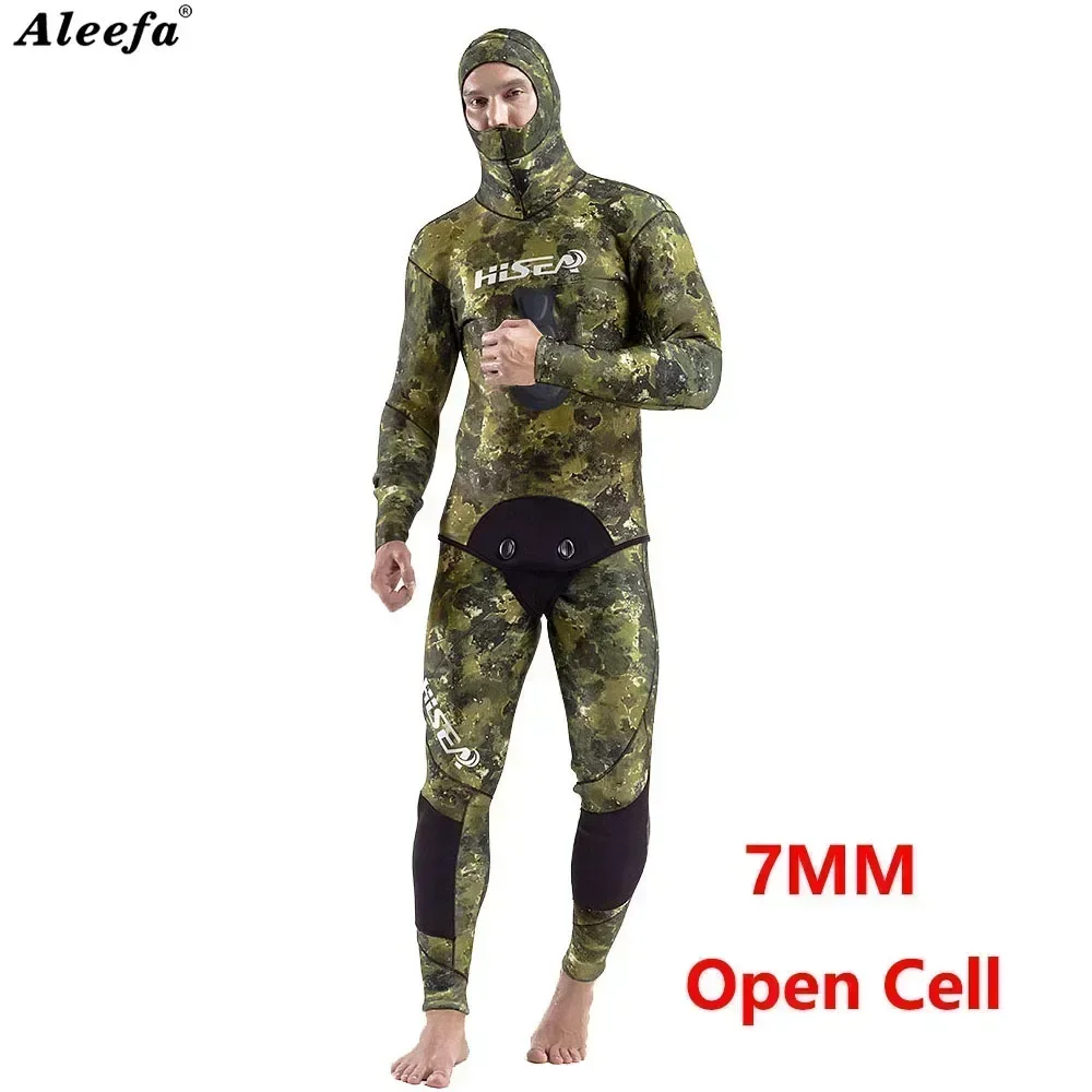 Men's Camouflage Open Cell Wetsuit 7mm- Durable CR Neoprene for Spearfishing and Diving,Freediving Two pieces Set