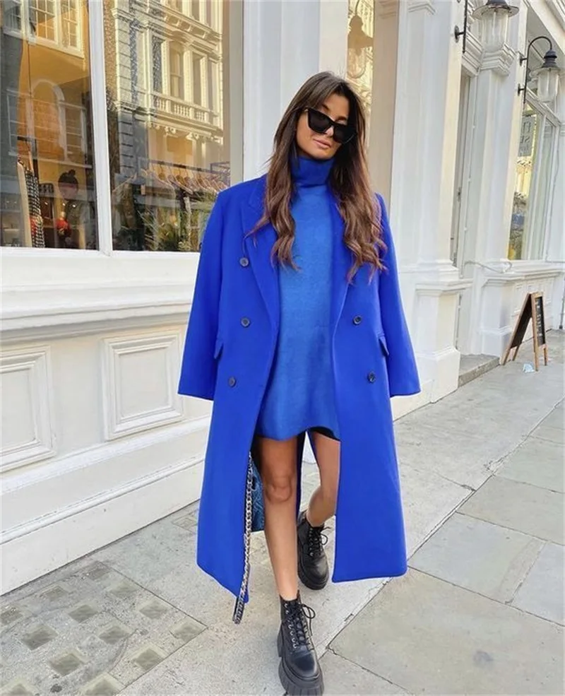 Royal Blue Women Suit Overcoat Woolen Coat 1Pcs Casual Fashion Long Jacket Blazer Winter Thick Custom Made Female Outfit