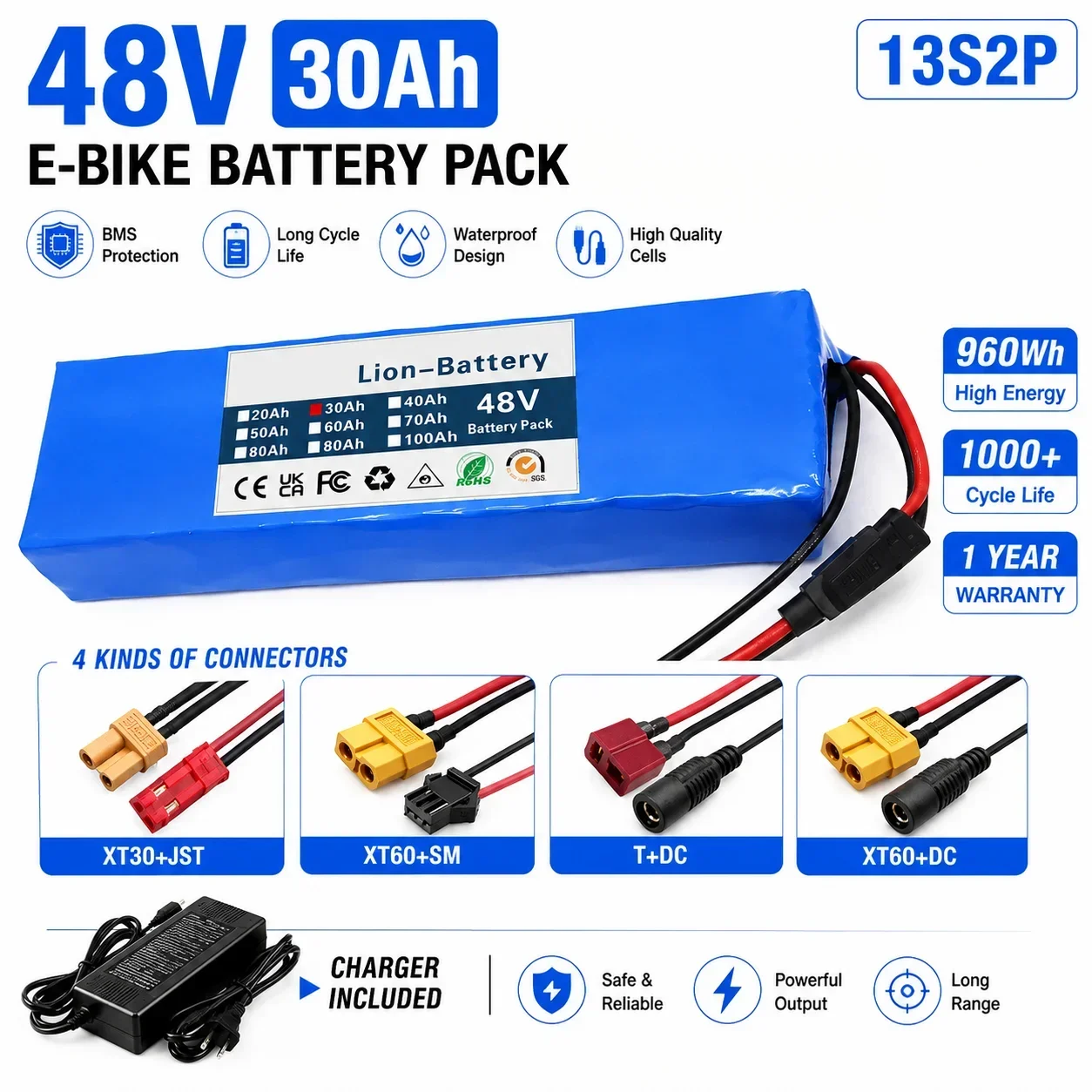 Pacco batterie al litio ricaricabile 13S2P 48V 30Ah per scooter elettrico e bicicletta elettrica, dotato di sistema di gestione batteria intelligente (BMS) con protezione da sovraccarico e scarica
