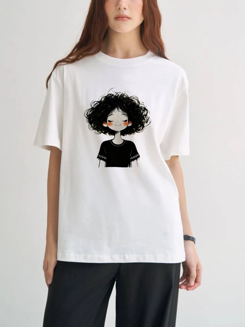 Women's Short-sleeved T-shirt Featuring A Cartoon Curly-haired Girl Print Loose Fit  Available  Couple's Perfect for Summer Wear