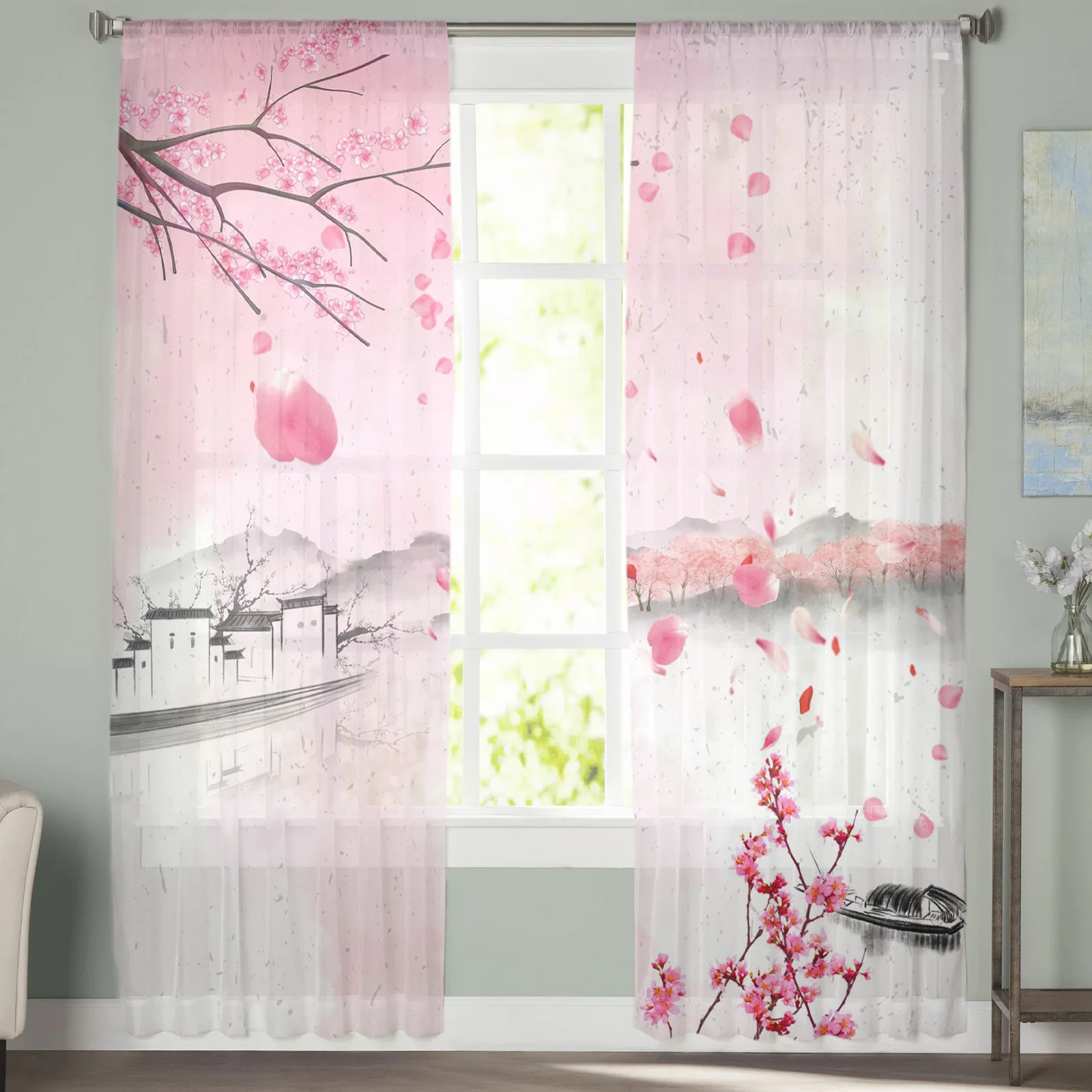 Ink Pink Romantic Cherry Blossom Ship Village Sheer Curtains Window Curtains for Living Room Bedroom Blinds Kids Room Home Decor