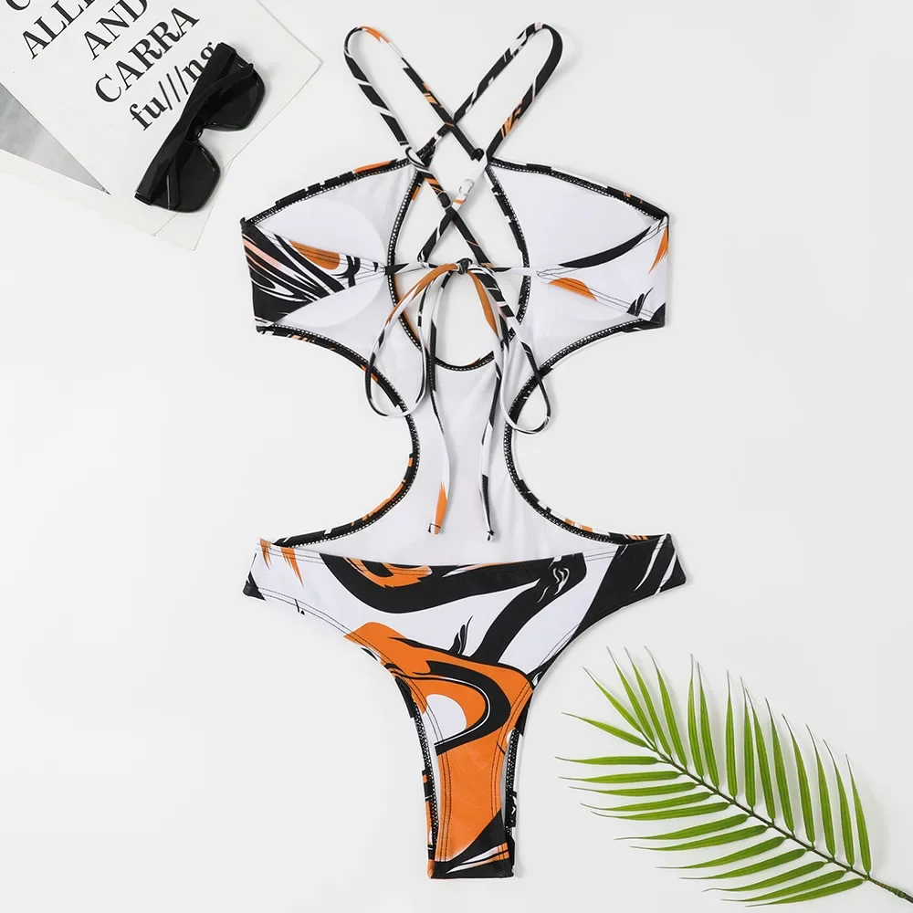 Sexy Wave Print Backless Swimwear One Piece Swimsuits Women 2025 Cut Out Monokini High Cut Bathing Suits String Lace-up Bather