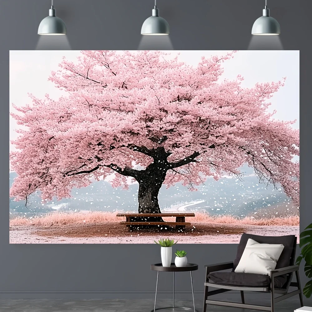 Cherry Blossom Tree With Pink Flowers And Wooden Bench Spring Nature Wall Mural For Home Decor