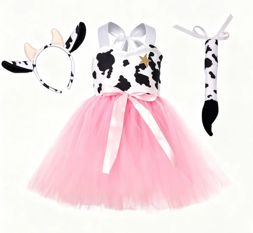 Girls Pink Cute Sweet Cow Print Tulle Tutu Dress With Ears Headband Tail Animal Themed Performance Halloween Party Role Play Set