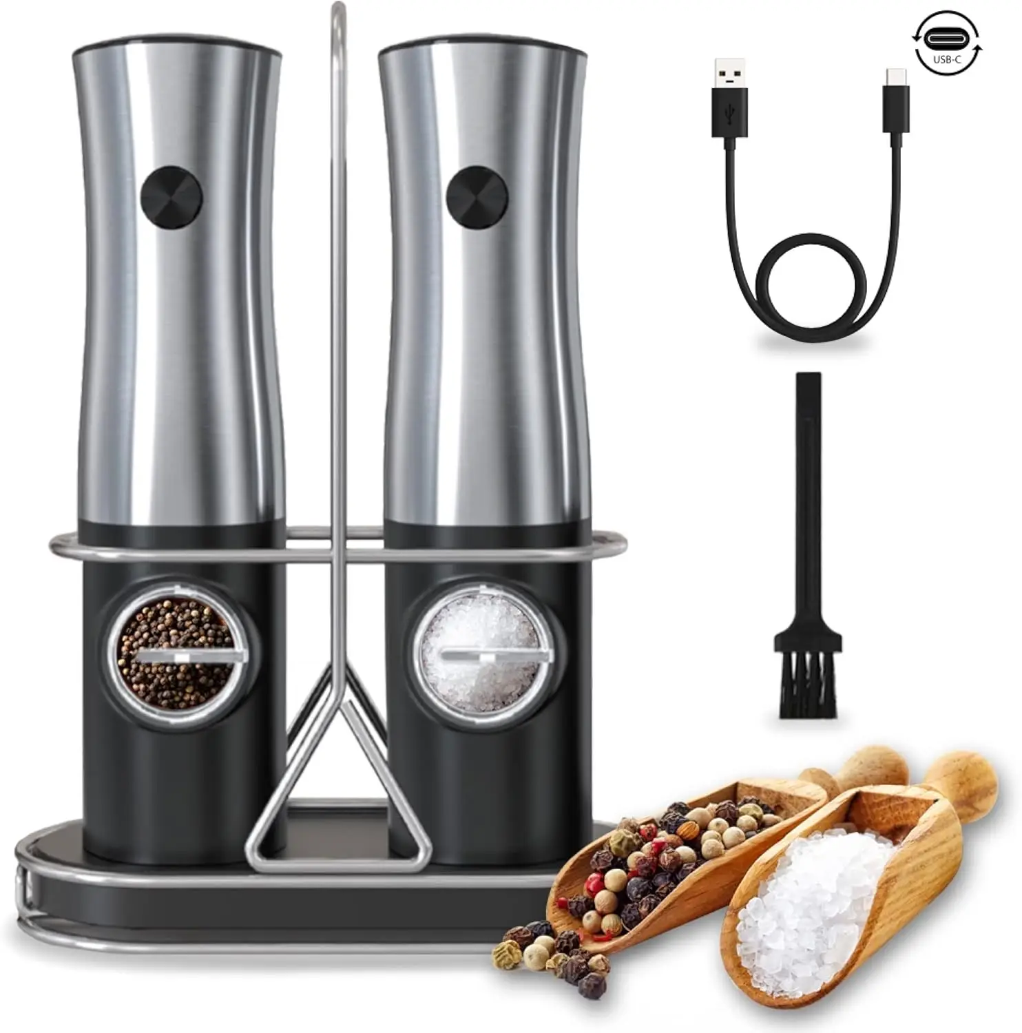 

Electric Salt And Pepper Grinder Set Rechageable With Stand - Best Kitchen Gadgets, Spice Mill Grinders, Automatic Recharging