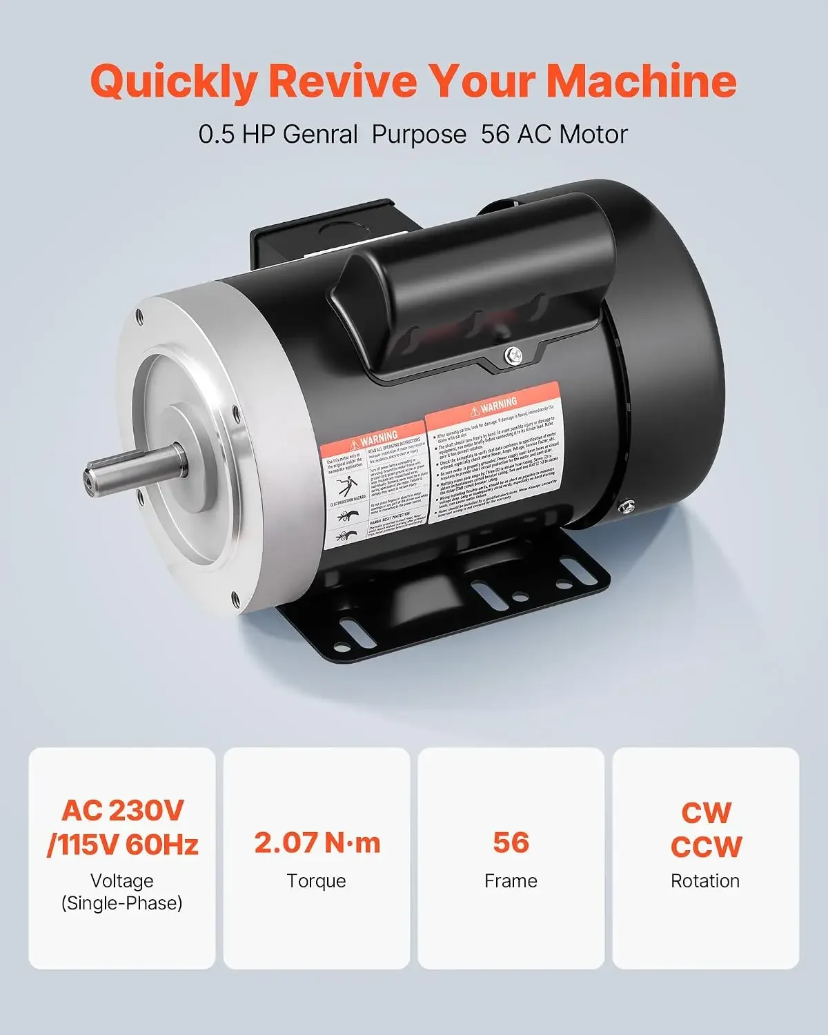 0.5 HP Electric Motor, 1725RPM Air Compressor Motor, CW/CCW Rotation, 5/8 inch Shaft Diameter, 1.88inch Shaft Length, 2.07N.m To