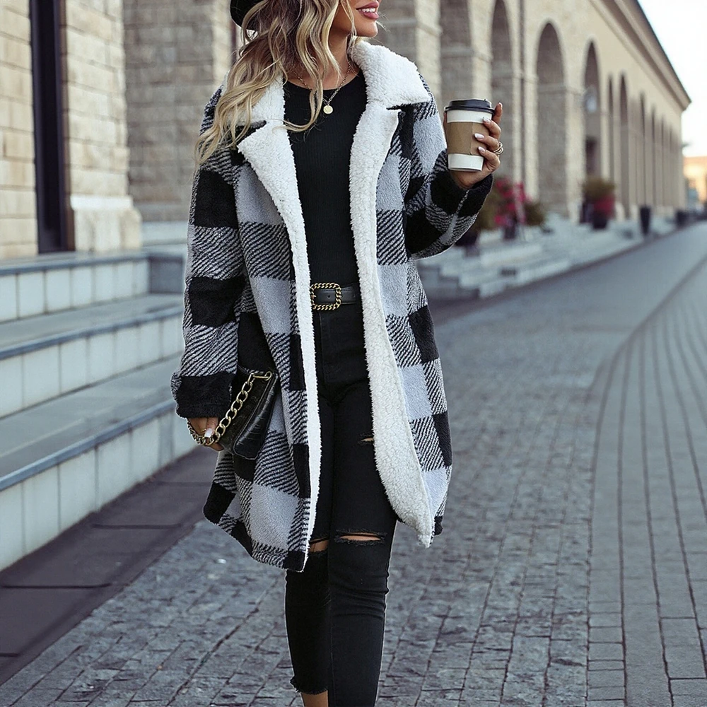 

Женский бархатный клетчатый кардиган с длинными рукавами, двусторонняя повседневная куртка с лацканами, без пряжек в европейском и американском стиле